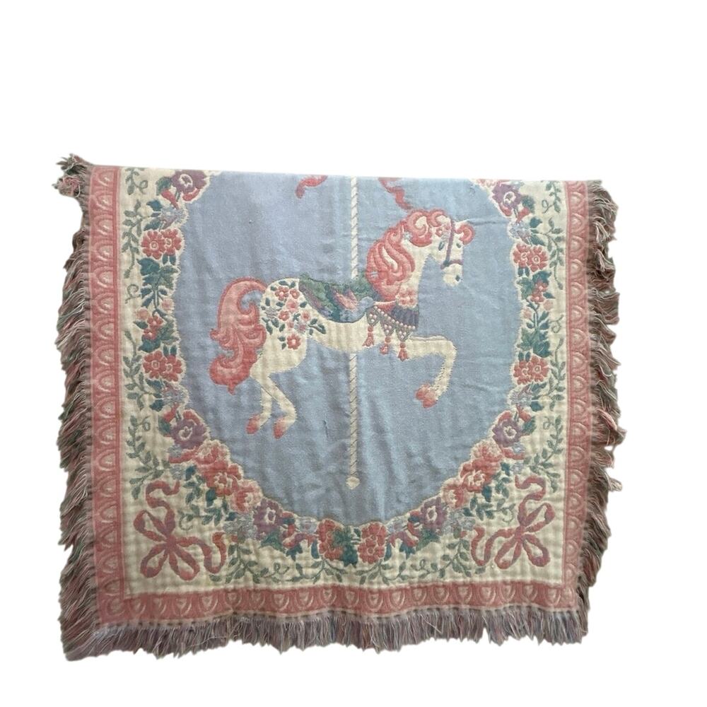 Vtg Goodwin Weavers carousel horse tapestry blanket, blues pinks beige 52’x59’